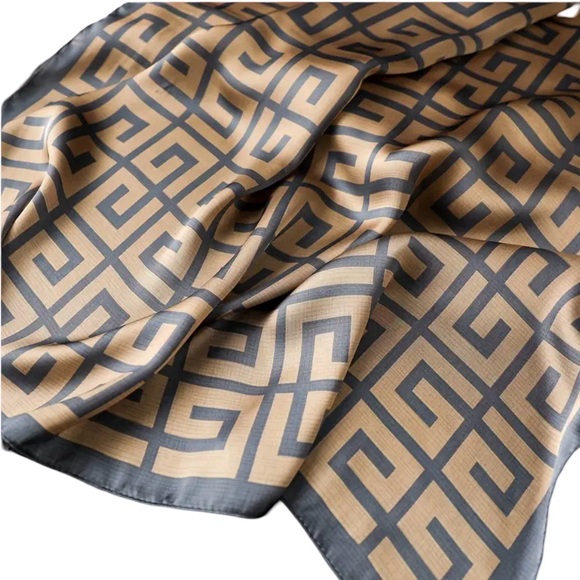 Luxe Black and Beige Geometric Silk Scarf - Picture 2 of 3